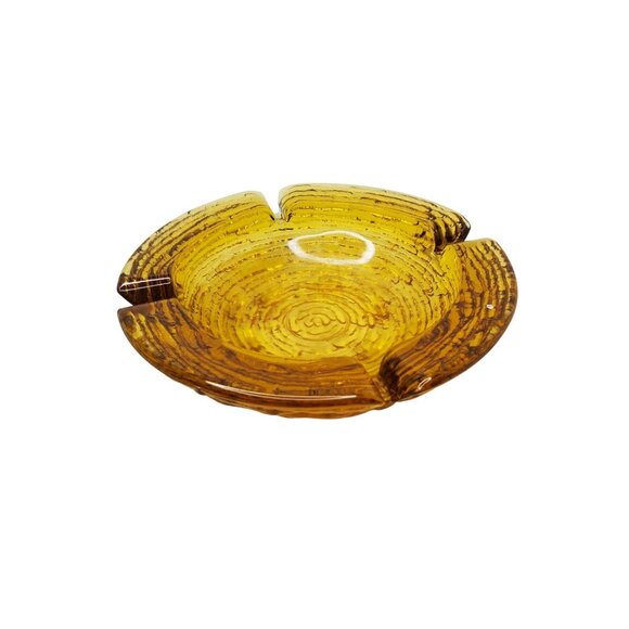 Vintage Anchor Hocking Sereno Mid-Century Amber Glass Ashtray With Textured Swir - Picture 1 of 4